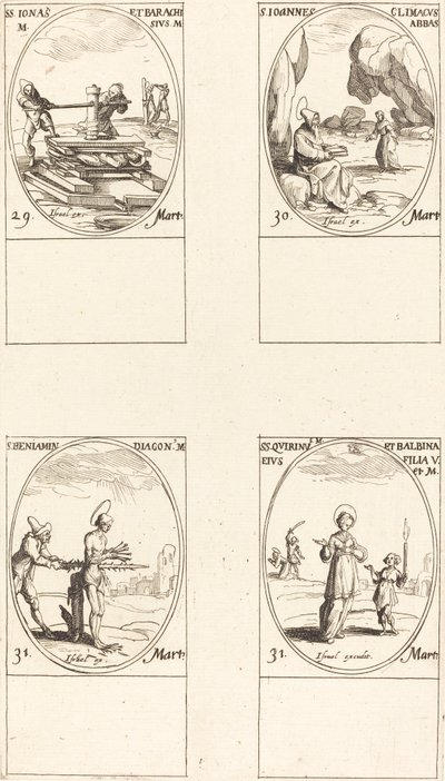 Sts. Jónás és Barachisius; St. Louis John Climacus, apát; St. Louis Benjámin; Sts. Quirinus és Bal alkotó: Jacques Callot