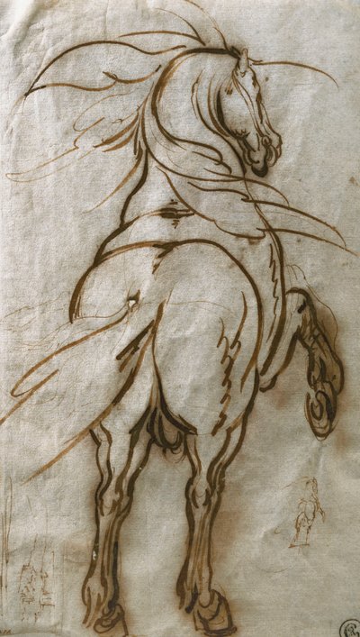Tanulmány egy tenyészló lóról, ugyanannak a segédtanulmányával és egy városra néző kilátással, alkotó: Jacques Callot