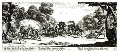 The Attack on the Stagecoach, 8. tábla a "A háború nyomorúságai és szerencsétlenségei"-ből, metszett: Israel Henriet (1590-1661 körül) 1633 alkotó: Jacques Callot