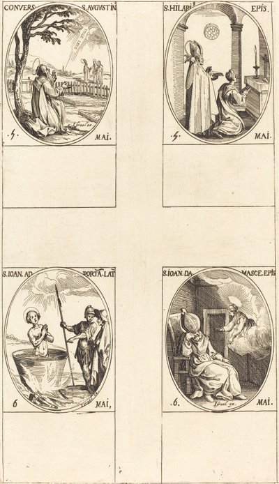 Szent Ágoston megtérése; Szent Hilárius; Szent János a latin portál előtt; Damaszkuszi Szent János alkotó: Jacques Callot