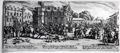 Egy kolostor pusztulása, 6. tábla „A háború nyomorúságai és szerencsétlenségei”-ből, Izrael Henriet (1590-1661 körül) metszetében, 1633 alkotó: Jacques Callot