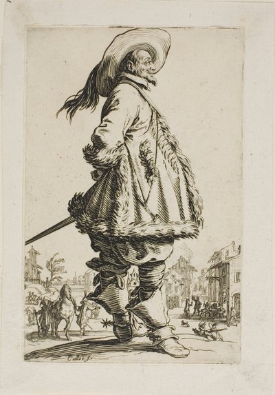 Az úriember prémes köpenyben, kezét a háta mögött tartja, hetes tányér a La Noblesse-től alkotó: Jacques Callot