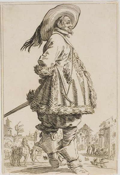 Az úriember prémes köpenyben, kezével a háta mögött, a Lotaringiai nemesség című sorozatból alkotó: Jacques Callot