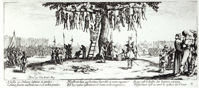 A függő, 11. tábla „A háború nyomorúságai és szerencsétlenségei”-ből, metszett: Israel Henriet (kb. 1590-1661) 1633 alkotó: Jacques Callot