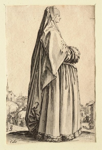 Hölgy nagy fátyollal és prémmel szegélyezett ruhában alkotó: Jacques Callot