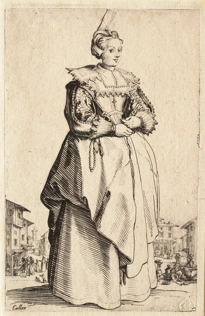 A hölgy a hátrafelé felhúzott kis főkötővel (La Dame à la petite coiffe relevée en arrière) alkotó: Jacques Callot