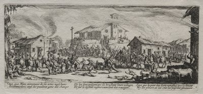 A háború nagy nyomorúságai: Egy falu kifosztása és felgyújtása, 1633. alkotó: Jacques Callot