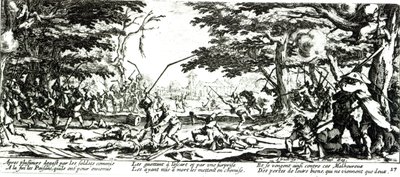 A parasztok bosszúja, „A háború nyomorúságai és szerencsétlenségei” 17. táblája, metszet: Israel Henriet (1590-1661 körül) 1633 alkotó: Jacques Callot