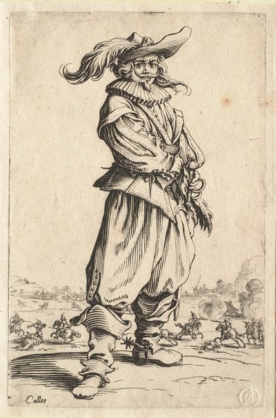A harcos nagy tollal díszített kalapban alkotó: Jacques Callot