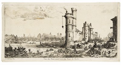 A Pont Neuf és a Tour de Nesle látképe (metszet) alkotó: Jacques Callot