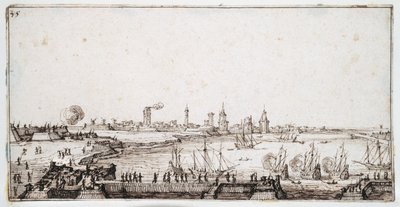 Kilátás La Rochelle kikötőjére, tisztelgő galleonokkal (toll és barna tinta papíron) alkotó: Jacques Callot