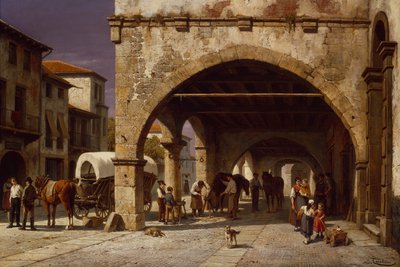 Városi jelenet patkolókovácsolással (olaj, vászon) alkotó: Jacques Carabain