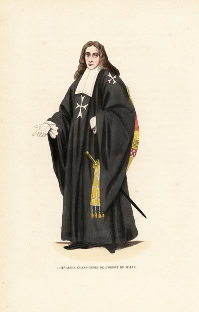 Hospitaller Lovagrend Nagykeresztje, Máltai Lovagrend, Jeruzsálemi Szent János Kórház Lovagrendje, Chevalier Grand-Croix de l’Ordre de Malte. Kézi színű fatömb-metszet Jacques Charles Bar illusztrációja után, Abbot Tiron