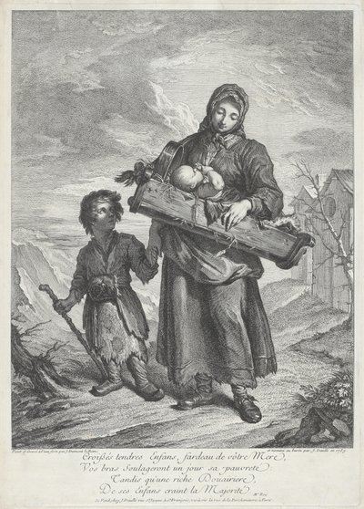 Egy fiatal anya kiságyat cipel alkotó: Jacques Dumont Le Romain, finished by Jean Daullé