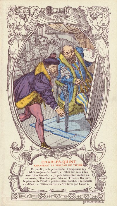 V. Károly felveszi Tiziano ecsetjét, miután az leejtette, miközben a császár portréján dolgozott (színes litográfia). alkotó: Jacques Emile (after) Blanche