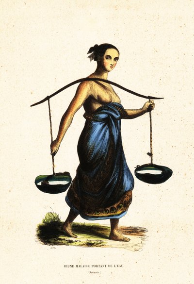 Fiatal maláj nő halvány vizet hordozó igával alkotó: Jacques Etienne Victor (after) Arago
