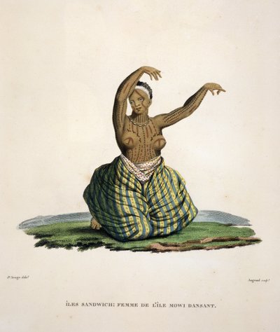 Táncoló nő Maui szigetéről, a Hawaii-szigeteken, metszett Parfait Augrand (sz. 1782) alkotó: Jacques Etienne Victor Arago