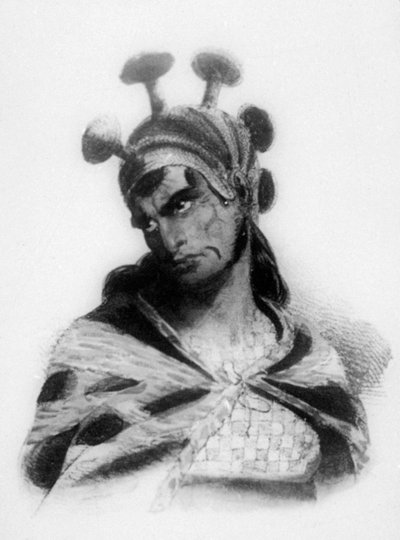 Hawaii harcos gombadíszített címeres sisakot viselő, 1819-ben alkotó: Jacques Etienne Victor Arago