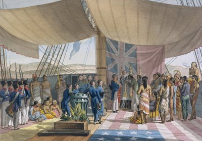 A Sandwich-szigetek: A királyok miniszterelnökének keresztelése az Uranie fedélzetén, a Voyage Autour du Monde sur les Corvettes de LUranie 1817-20-ból, Lerouge és Forget metszet, 1825-ben. alkotó: Jacques Etienne Victor Arago