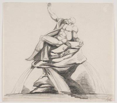 Férfi szakállas figura, profilban látható köntössel stb. egy szökőkúton alkotó: Jacques Francois Joseph Saly