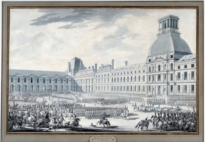 Napóleon Bonaparte (1769-1821) Revue des troupes a Tuileries-ben. Jacques Swebach metszet dit Fontaine (1769-1823) 19. századi Párizs, Musee Carnavalet alkotó: Jacques Francois Joseph Swebach