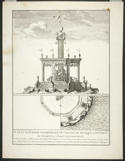 Egy zeneszoba alaprajza és emeletrajza, harmadik lemez a Description des Festes Données par la Ville de Paris című műből alkotó: Jacques-François Blondel