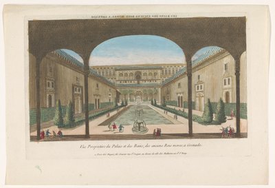 Kilátás a granadai Alhambra szökőkútjaival rendelkező udvarra Les bains des enciens rois Mores, egy gránát (cím a tárgyon) alkotó: Jacques Gabriel Huquier