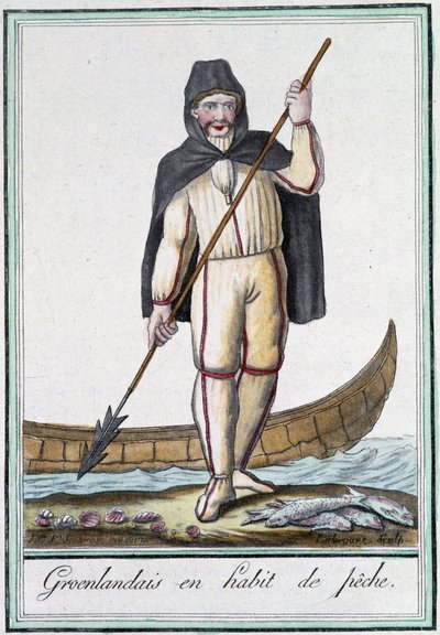 Grönlandiak halászfelszerelésben – Grasset Saint Sauveur „” Encyclopédie des voyages” című kötetében, szerk. Párizs 1796 alkotó: Jacques Grasset de Saint Sauveur