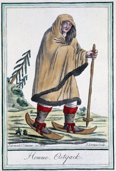 Ostyack férfi síléceken – Grasset Saint Sauveur „” Encyclopédie des voyages” című kötetében, szerk. Párizs 1796 alkotó: Jacques Grasset de Saint Sauveur