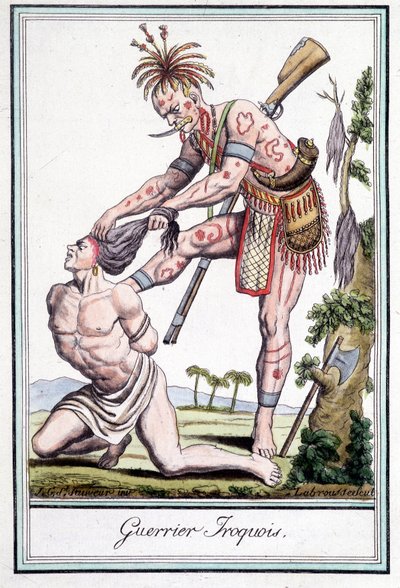 Irokéz harcos megskalpolja ellenségét – Grasset St Sauveur, Párizs „” Utazások enciklopédiájában” alkotó: Jacques Grasset de Saint-Sauveur