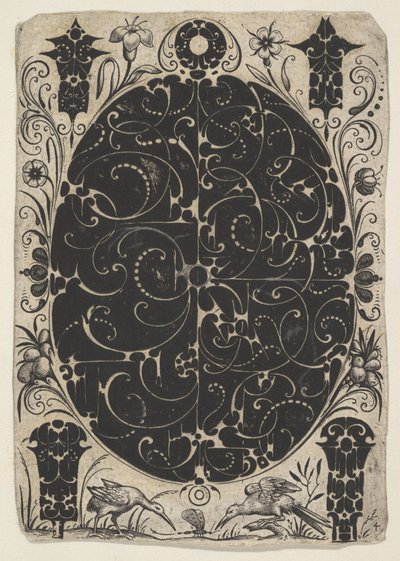 Schweifwerkkel díszített ovális tok két változatban, kisebb motívumokkal körülvéve..., kb. 1614-19. alkotó: Jacques Hurtu