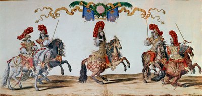 1662-es körhinta: XIV. Lajos király és az 1662-es párizsi körhinta lovagjai (metszet) alkotó: Jacques I Bailly