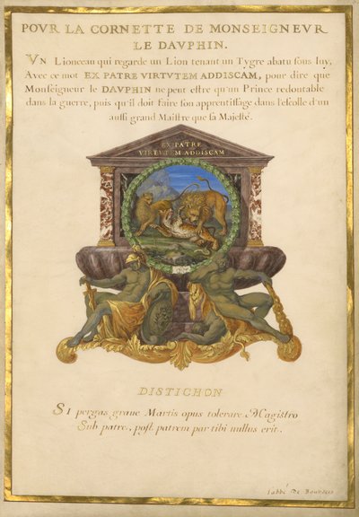 Ms. 11 (4) f.5, XIV. Lajos jelképe, 1663-68 körül (gouache és arany pergamen) alkotó: Jacques I Bailly