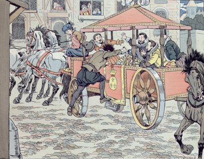 Henrik meggyilkolása Francois Ravaillac által a rue de la Ferronerie-n 1610. május 14-én, 1900 körül alkotó: Jacques Marie Gaston Onfray de Breville (Job)