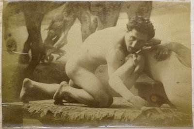 Egy földön fekvő és egy próbababával birkózó férfi aktmodell tanulmányozása Jacques de Lalaing műtermében, lehetséges előtanulmány a Birkózók című festményhez alkotó: Jacques Lalaing (attributed to)