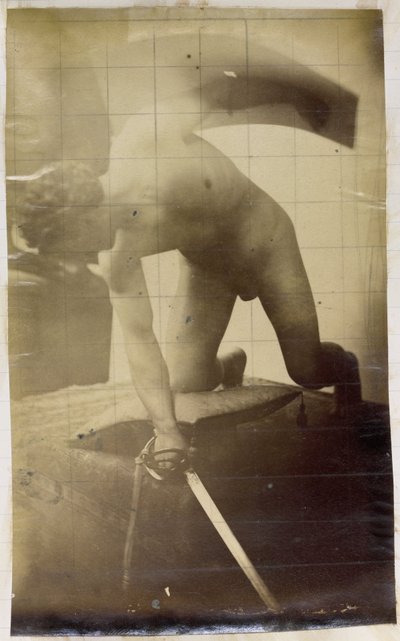 Tanulmányozás egy férfi aktmodellről, térden, karddal és pajzzsal a kezében, Jacques de Lalaing műhelyében alkotó: Jacques Lalaing (attributed to)