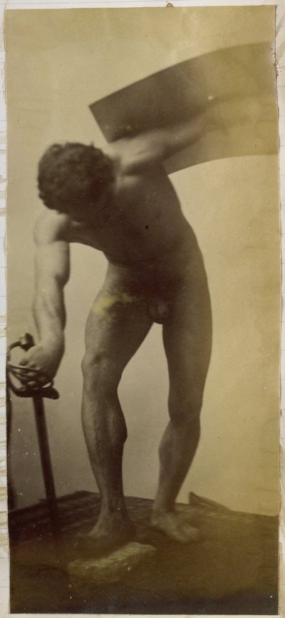 Tanulmány egy férfi meztelen modellről, aki hajlítva áll karddal és pajzzsal a kezében, Jacques de Lalaing stúdiójában alkotó: Jacques Lalaing (attributed to)