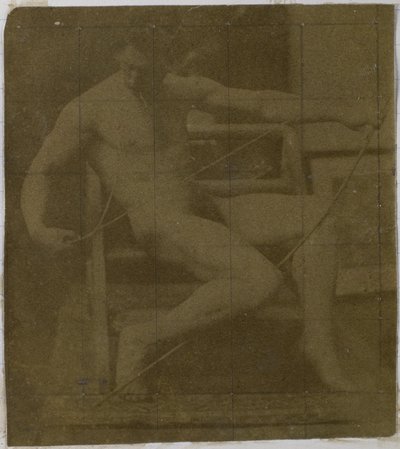 Tanulmány egy lépcsőn ülő férfi meztelen modellről, elölről nézve, kötéllel és masnival az ölében, Jacques de Lalaing stúdiójában alkotó: Jacques Lalaing (attributed to)