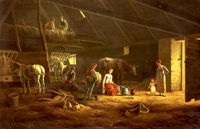 A tejeslány, a gazdálkodók és a szántó lovak egy pajtában alkotó: Jacques Laurent (circle of) Agasse