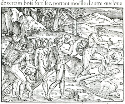 Indiai bennszülöttek tüzet raknak vadászat után, metszett Theodor de Bry (1525-75) alkotó: Jacques Le Moyne