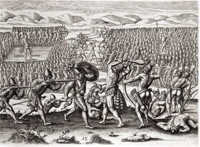 Outina legyőzi Patanou-t a franciák segítségével, Floridában, 1564, Theodore de Bry (1528-98) 1591-ben metszett „Brevis Narratio”-ból (lásd még: 223425 és 173458) alkotó: Jacques Le Moyne