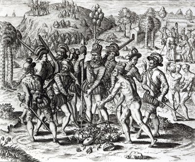 A spanyolok, akik ajándékot kapnak az indiánoktól, a "History"-ból, 1598, metszett Theodor de Bry (1528-98) alkotó: Jacques Le Moyne