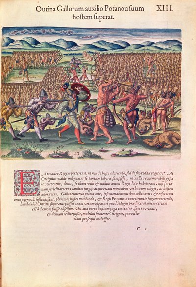 A franciák segítik az indiánokat a csatában, Theodore de Bry (1528-98) metszete a „Brevis Narratio…”-ból, Frankfurtban, 1591-ben (lásd még: 111679) alkotó: Jacques Le Moyne
