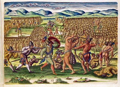 A franciák segítik az indiánokat a csatában, Theodore de Bry (1528-98) metszete a „Brevis Narratio…”-ból, Frankfurtban, 1591-ben (lásd még: 173458 és 111679) alkotó: Jacques Le Moyne