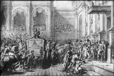 Vissza a felszentelésről, Napóleon megérkezik a Hotel de Ville-be, Párizs, 1805 (toll és fekete tinta, szürke mosás és grafit papíron) alkotó: Jacques Louis David