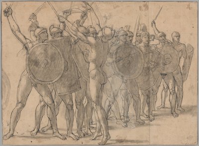 Meztelen katonák gesztikuláló fegyvereikkel (recto); Két drapériatanulmány Tatius alakjához (fordítva) alkotó: Jacques Louis David