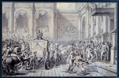 I. Napóleon császár (1769-1821) kocsijának megérkezése a Hotel de Ville de Paris-ba 1804.12.16-án kormányzása alkalmából Jacques Louis David (1748-1825) rajza 1804 V. 0,26x0,4 m Párizs, Musee du Louvre alkotó: Jacques Louis David