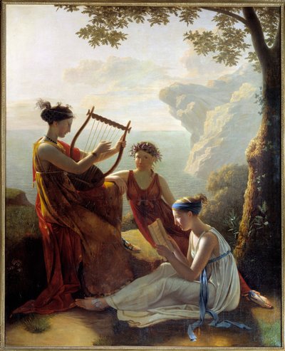 Sapho (Sappho) görög költő lírán játszik és két társa Jacques Louis Grandin (1780-?) festménye 1808 Párizs, Musee Marmottan alkotó: Jacques Louis Michel Grandin