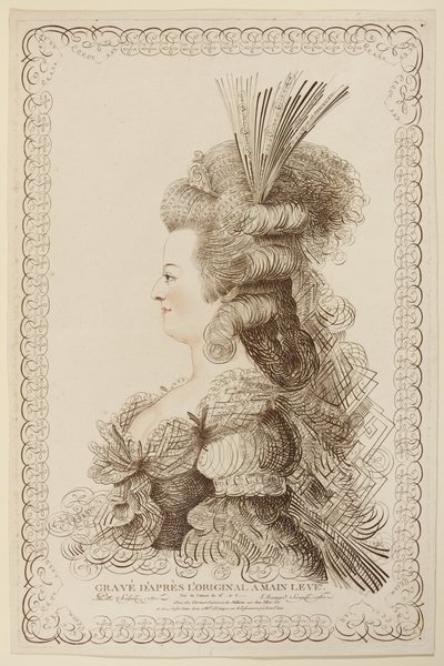 Marie Antoinette kalligrafikus portréja, 1787 (rézkarc és metszet) alkotó: Jacques Louis Petit