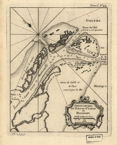 A St. Louis vagy Mississippi folyó torkolatai. 1763. LOC 74693011 alkotó: Jacques Nicolas Bellin